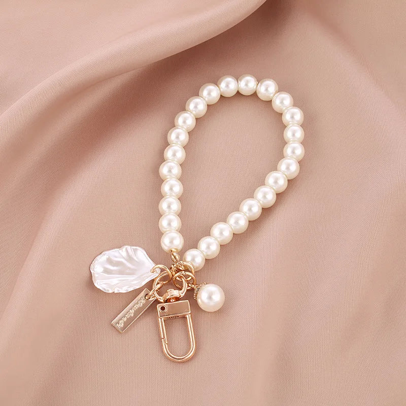1PC Cute Shell Heart Bow Imitation Pearl Beads Chain Pendant Phone Keychain Imitation Pearl Bag Key Chain