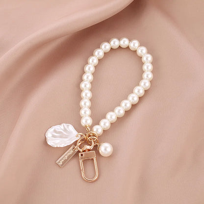 1PC Cute Shell Heart Bow Imitation Pearl Beads Chain Pendant Phone Keychain Imitation Pearl Bag Key Chain