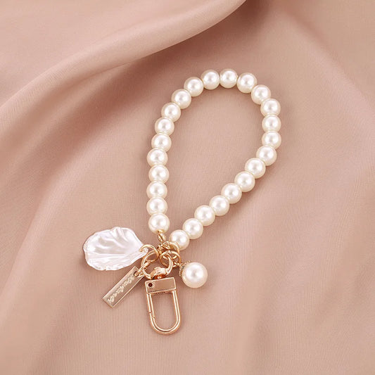 1PC Cute Shell Heart Bow Imitation Pearl Beads Chain Pendant Phone Keychain Imitation Pearl Bag Key Chain