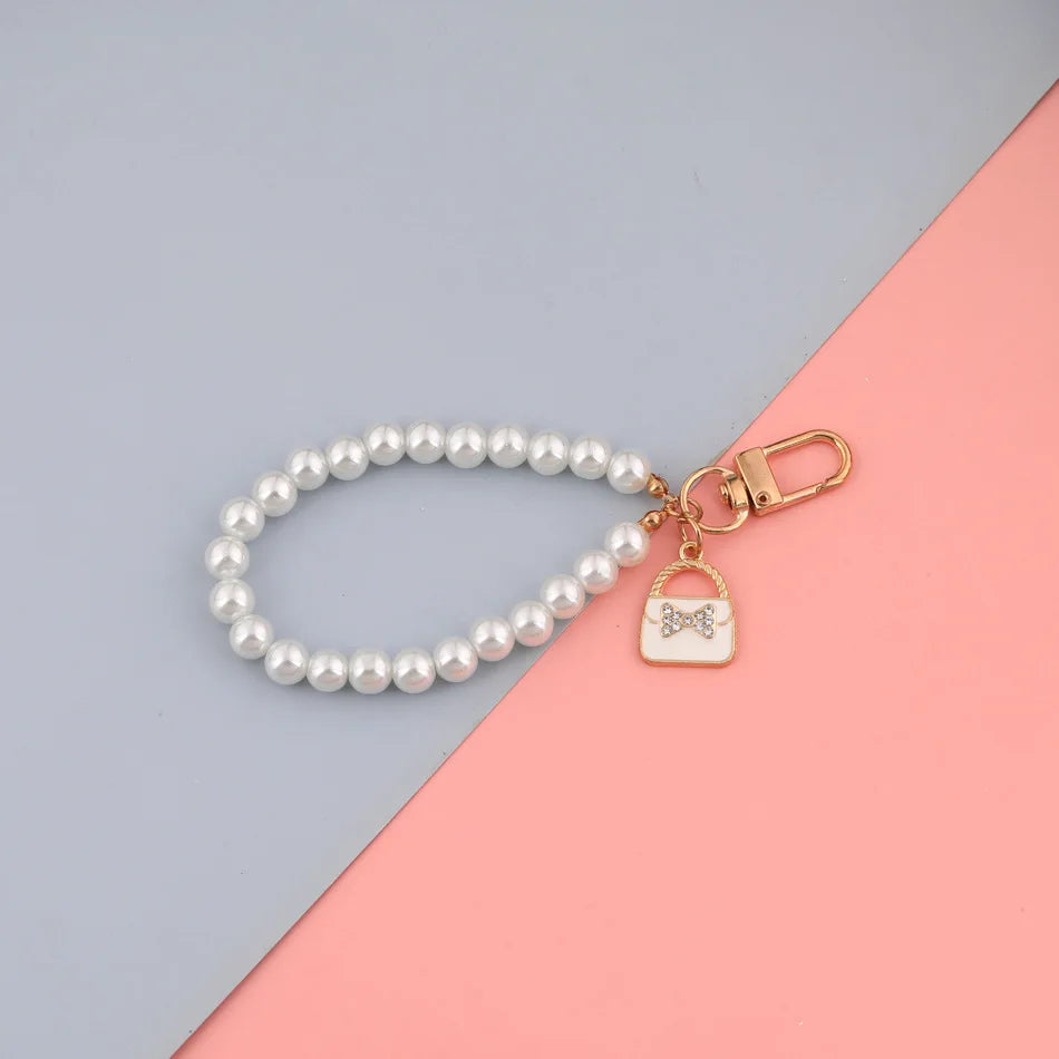 1PC Cute Shell Heart Bow Imitation Pearl Beads Chain Pendant Phone Keychain Imitation Pearl Bag Key Chain