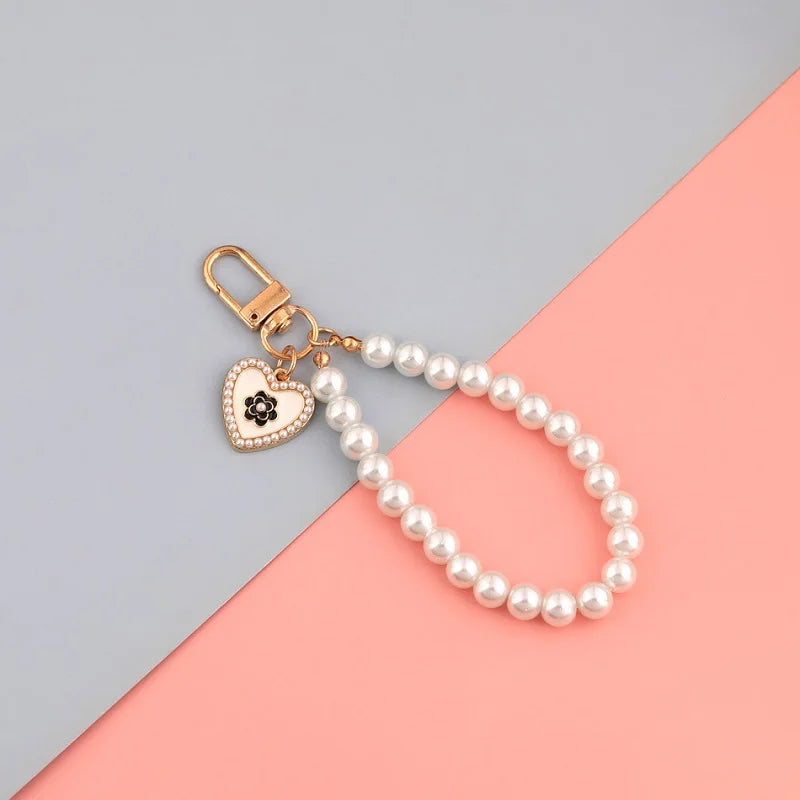 1PC Cute Shell Heart Bow Imitation Pearl Beads Chain Pendant Phone Keychain Imitation Pearl Bag Key Chain