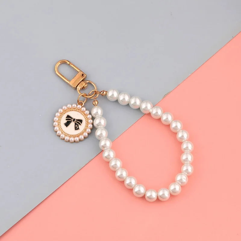 1PC Cute Shell Heart Bow Imitation Pearl Beads Chain Pendant Phone Keychain Imitation Pearl Bag Key Chain