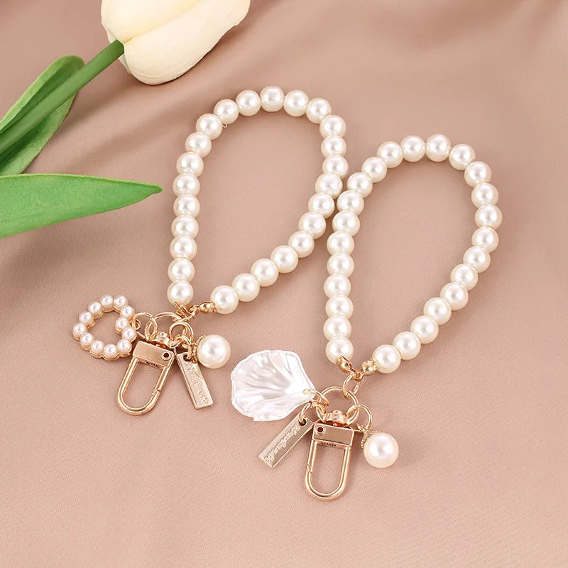 1PC Cute Shell Heart Bow Imitation Pearl Beads Chain Pendant Phone Keychain Imitation Pearl Bag Key Chain
