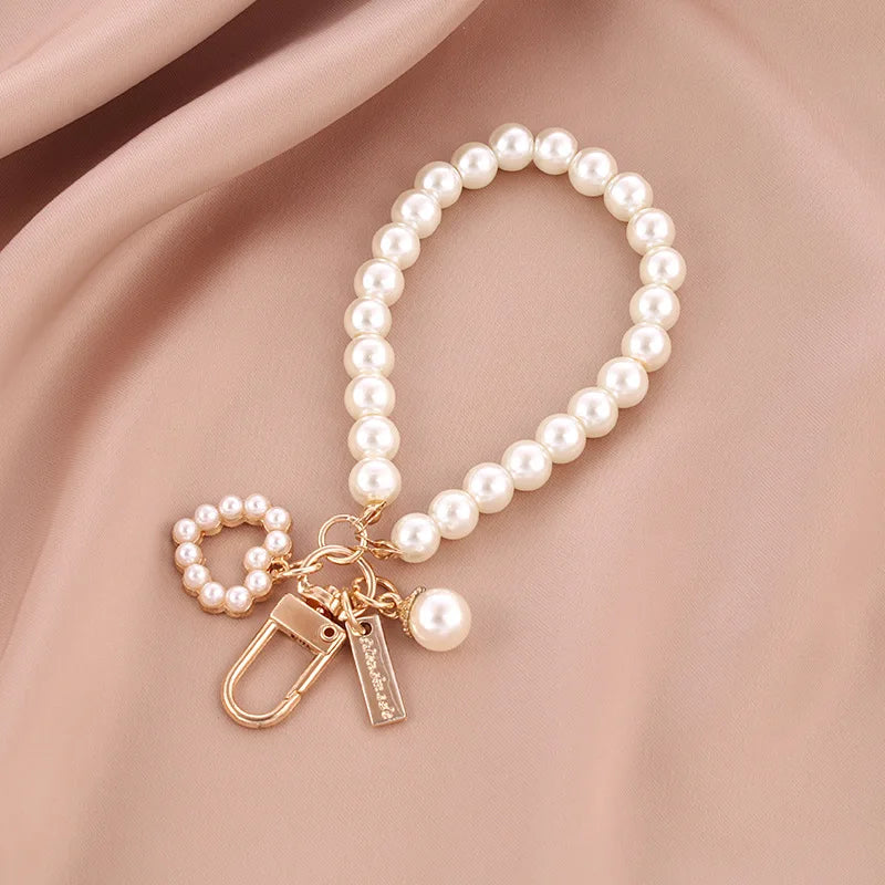 1PC Cute Shell Heart Bow Imitation Pearl Beads Chain Pendant Phone Keychain Imitation Pearl Bag Key Chain